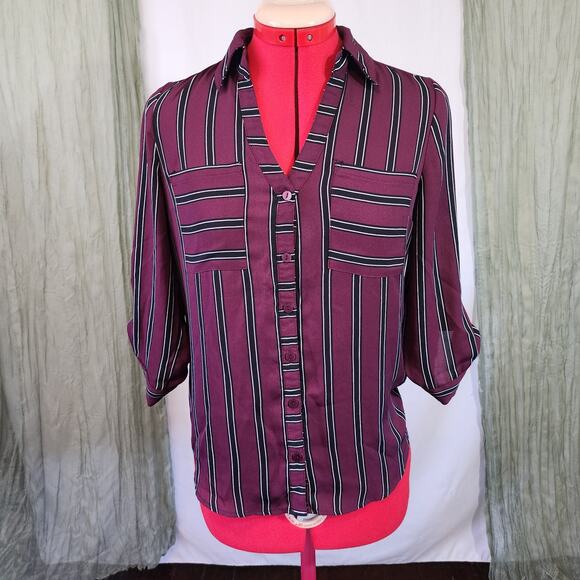 By & By Maroon and Black Striped Button up Roll Tab Sleeves Size XS - Picture 1 of 6
